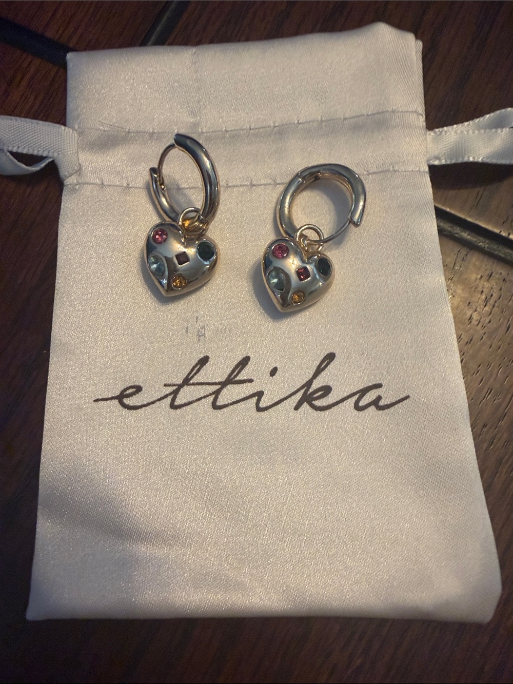 ettika Gold-Tone Heart Drop Huggie Earrings with Multicolor Crystal Accents